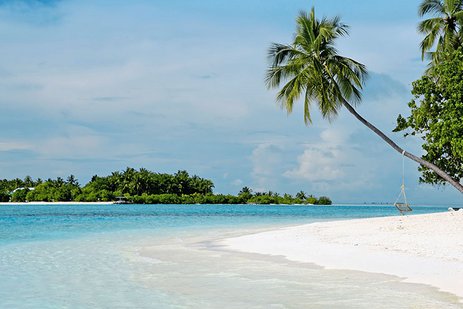 Paradiesischer Strand auf den Malediven mit türkisblauem Wasser und weissem Sand.