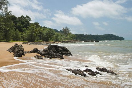 Tropischer Strand in Thailand mit kristallklarem, türkisfarbenem Wasser.